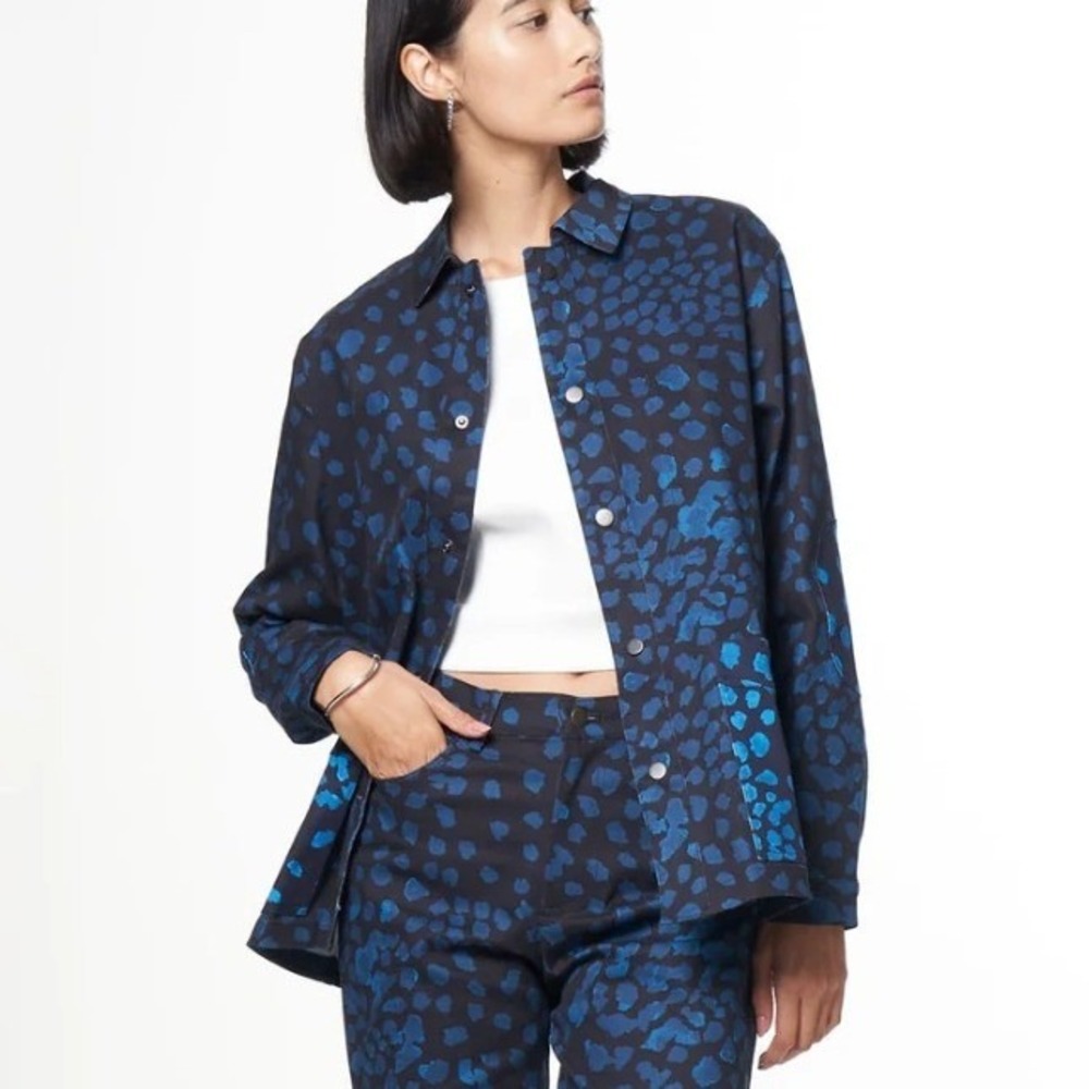 THE KIT Painters Jacket Beach Pebble Chore XS Black Blue Twill Abstract Denim